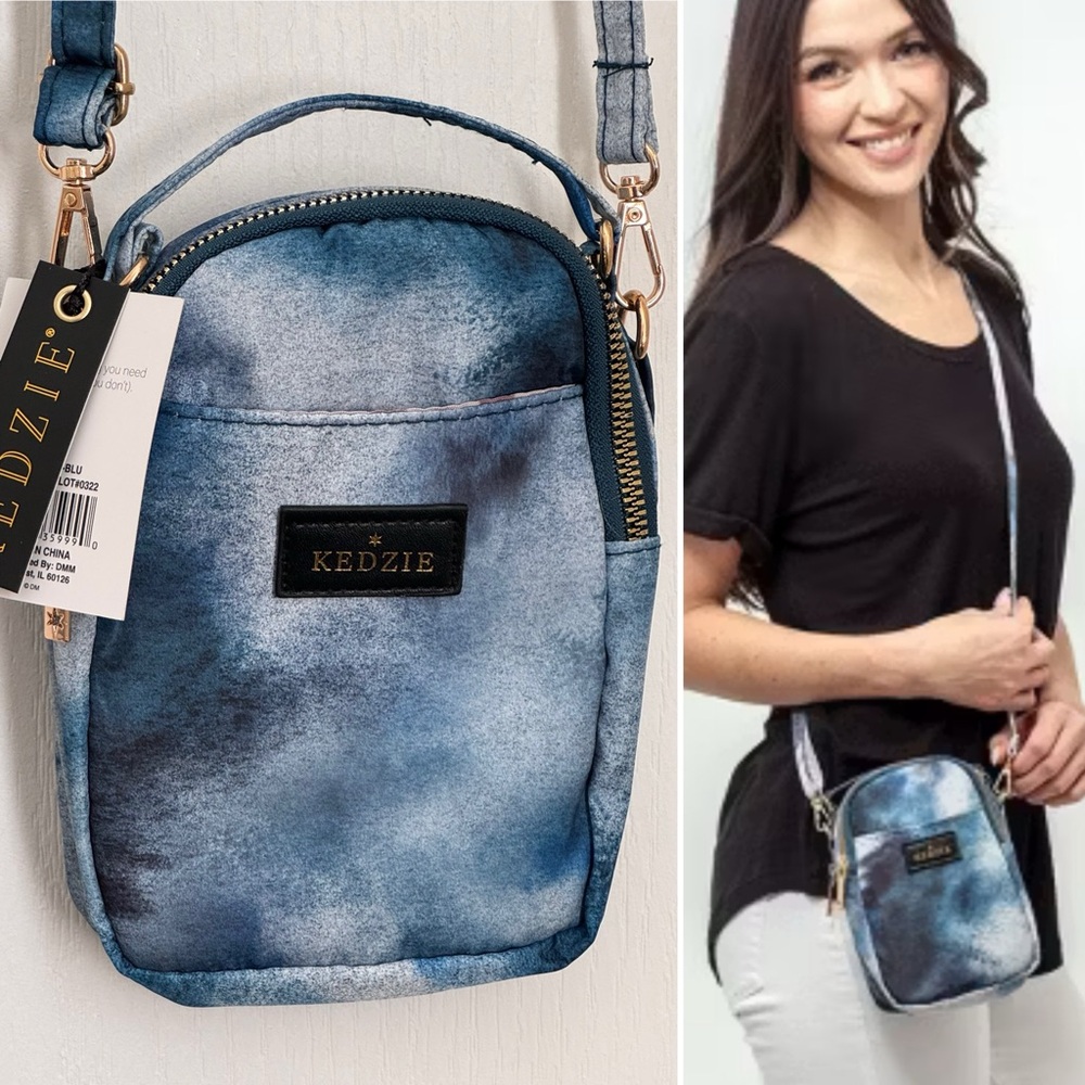 KEDZIE CROSSBODY ZIPPER BAG. ADJUSTABLE STRAP, TIE-DYE PRINT.